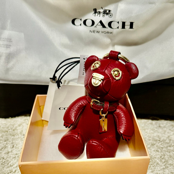Coach Bear Bag Charm Red Pebble Leather - Picture 3 of 3